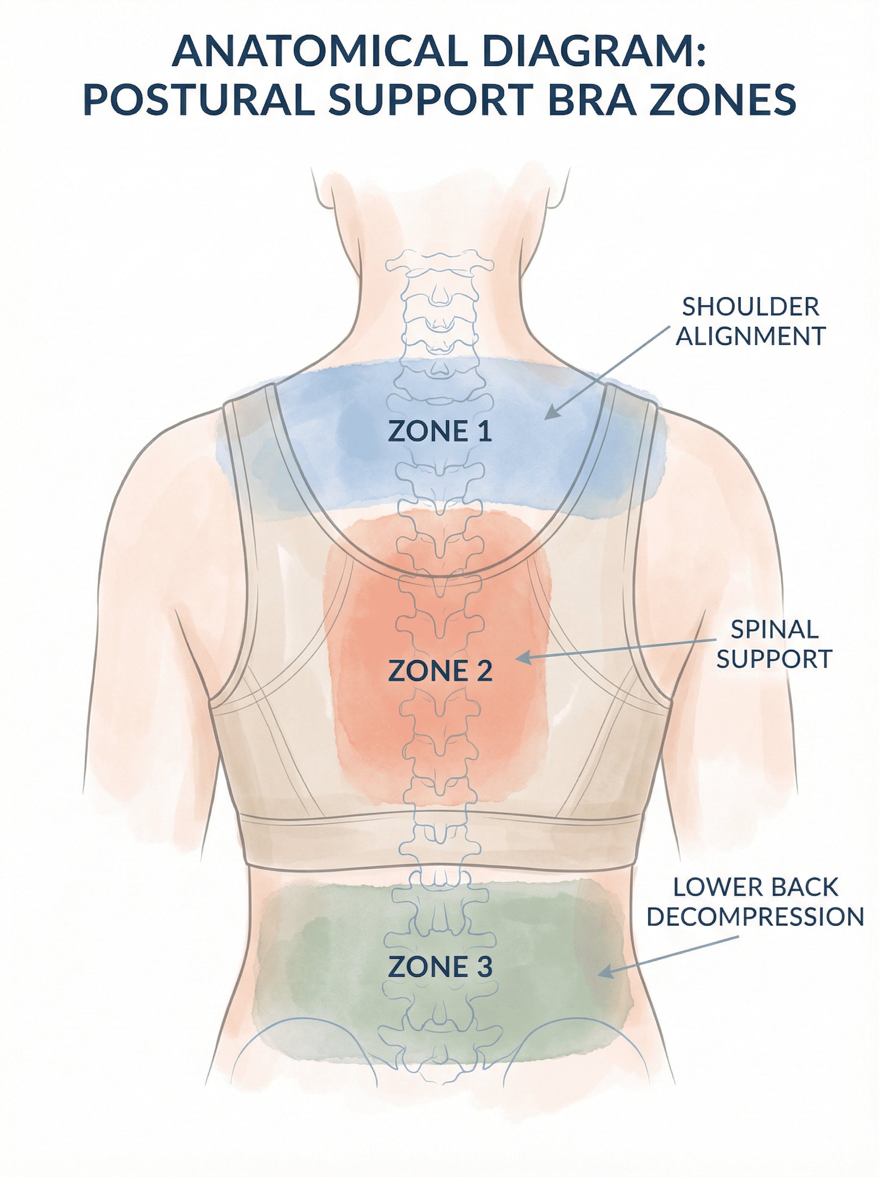 Anatomy diagram of the dormant postural muscles between the shoulder blades and corrective pull of the OnForm bra