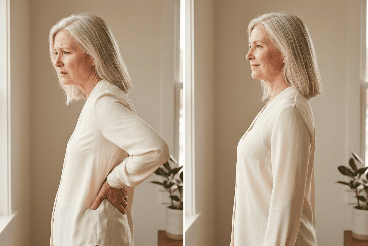 Woman before and after wearing the OnForm Posture Correct Bra